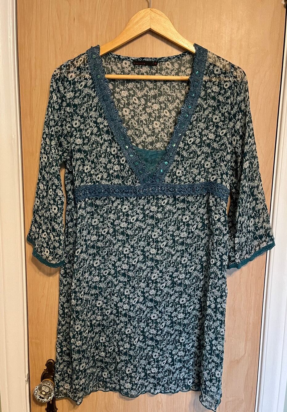 Vintage Y2K Gossip Babydoll Top Sheer Floral Lace Trimmed Green Teal Sz L